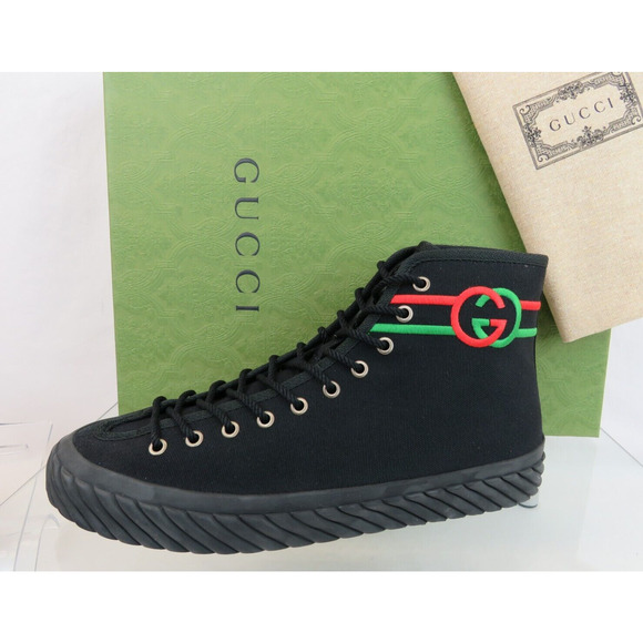 GUCCI 703033 BLACK CANVAS RED GREEN GG LOGO HIGH TOP SNEAKERS 9.5 / US 10.5 main image 4